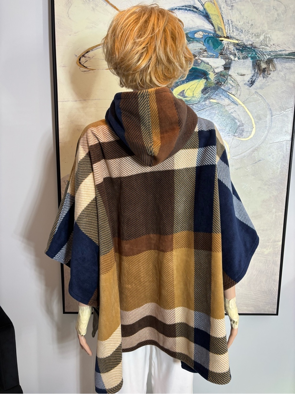 RACHEL Rachel Roy Hooded Plaid Poncho Sweater in Brown, Navy & Cream - Picture 10 of 15